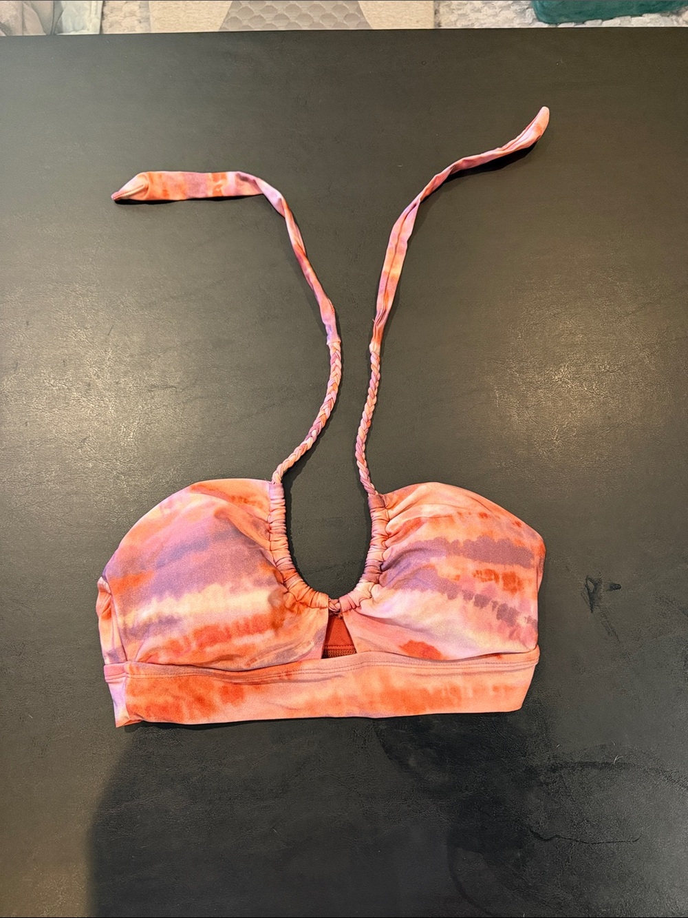 Time and Tru Pink and Orange Tie-Dye Halter Bikini Top with Center Keyhole